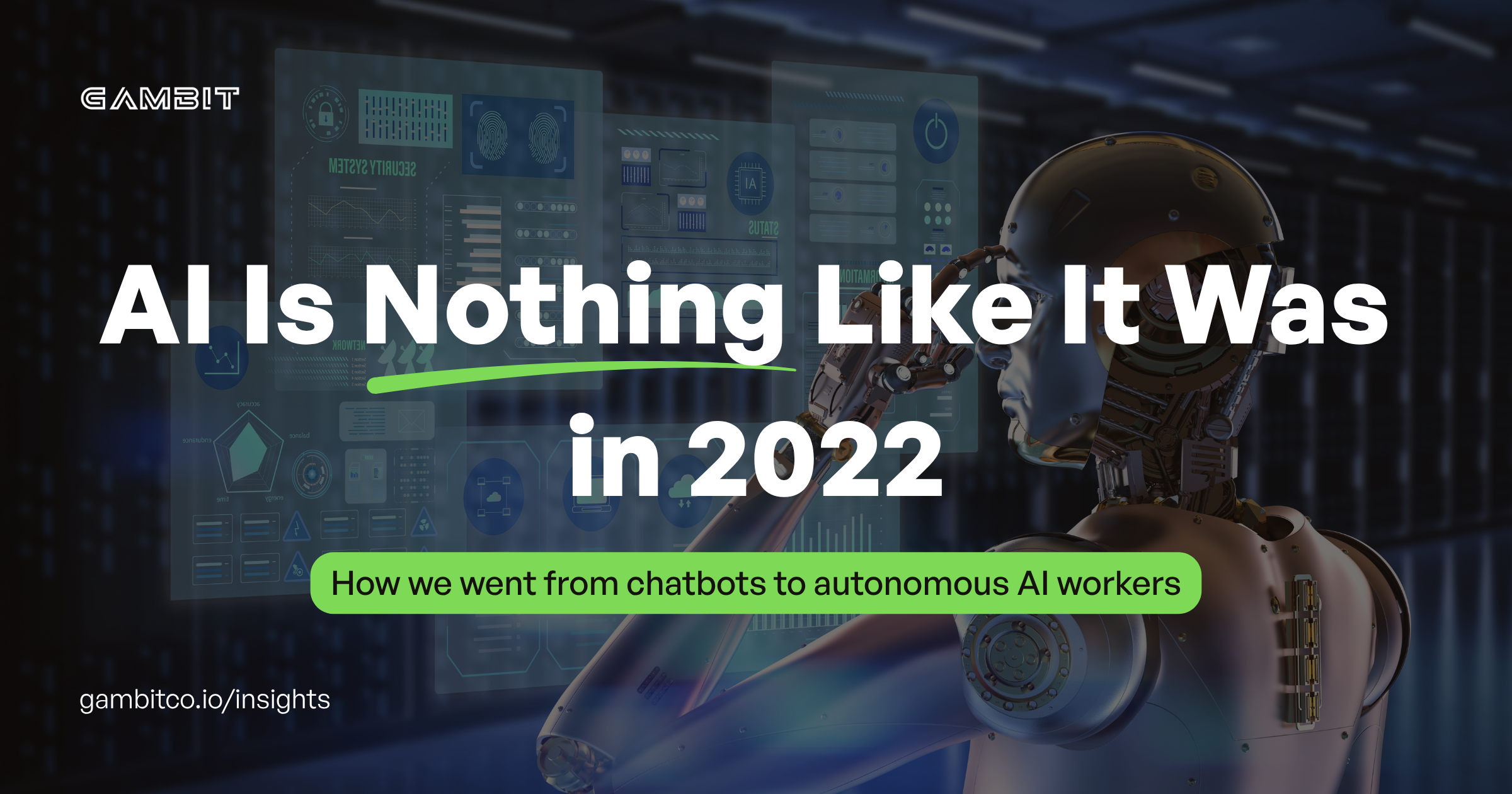 A humanoid AI robot interacting with holographic business dashboards in a data center, titled AI Is Nothing Like It Was in 2022