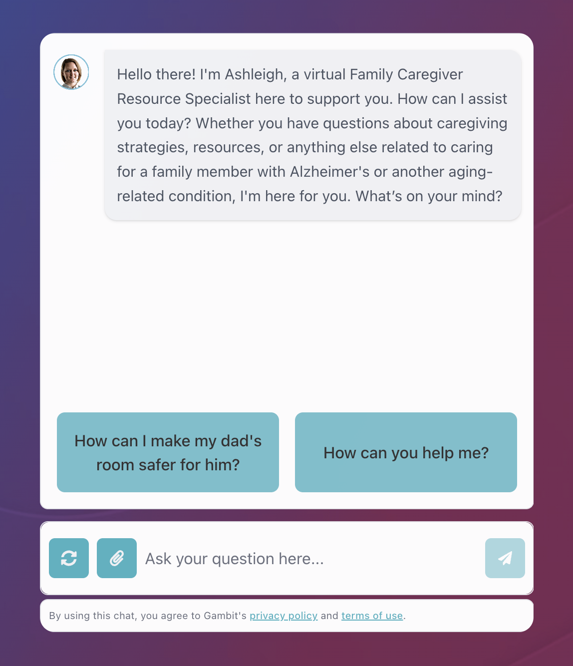 Screenshot of the AskAshleigh AI chat interface for caregivers.