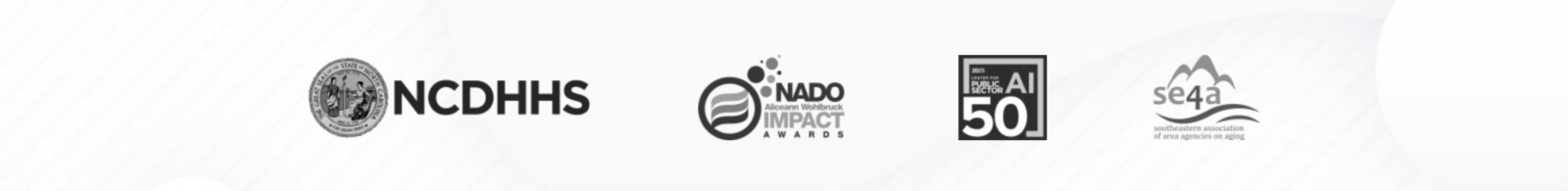 Logos of awards and recognitions for AskAshleigh, including NCDHHS, NADO Impact Awards, and SE4A.