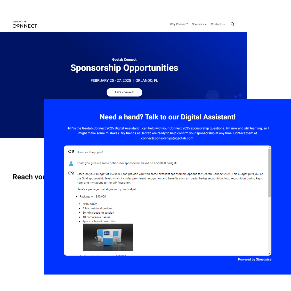 Screenshot of the Geotab Connect 2025 website showing sponsorship opportunities and the Geotab digital assistant recommending a customized sponsorship package.